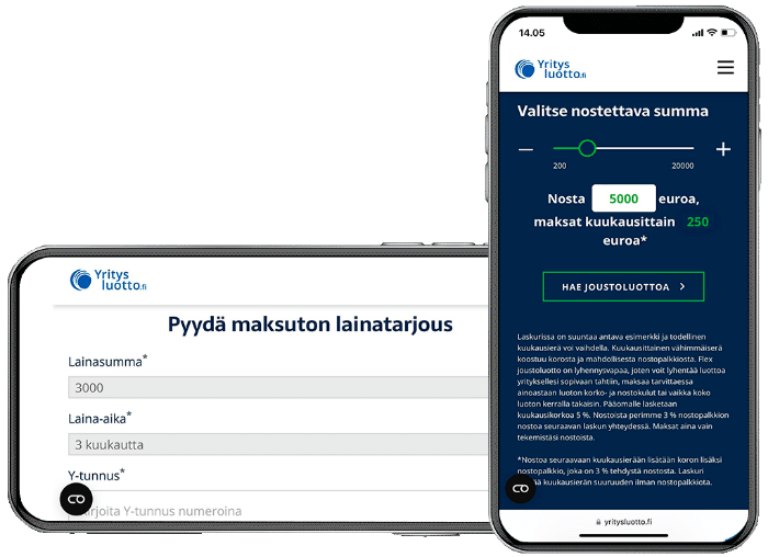 Mobiililaitteen näytöllä näkyy kaksi eri näkymää Yritysluotto.fi-palvelun lainanhakuprosessista. Kuvaa täydentää teksti "Monipuoliset rahoituspalvelumme kulkevat aina mukanasi", viitaten helppokäyttöiseen ja vastuulliseen yritysrahoituspalveluun, jota rahoitusyhtiö tarjoaa.